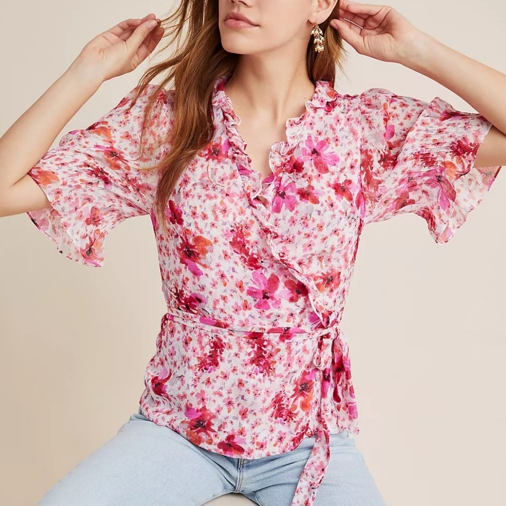 MISA Los Angeles Sybil Top Floral Ruffle Puff Sleeves Chiffon Wrap Top Sz Small‎